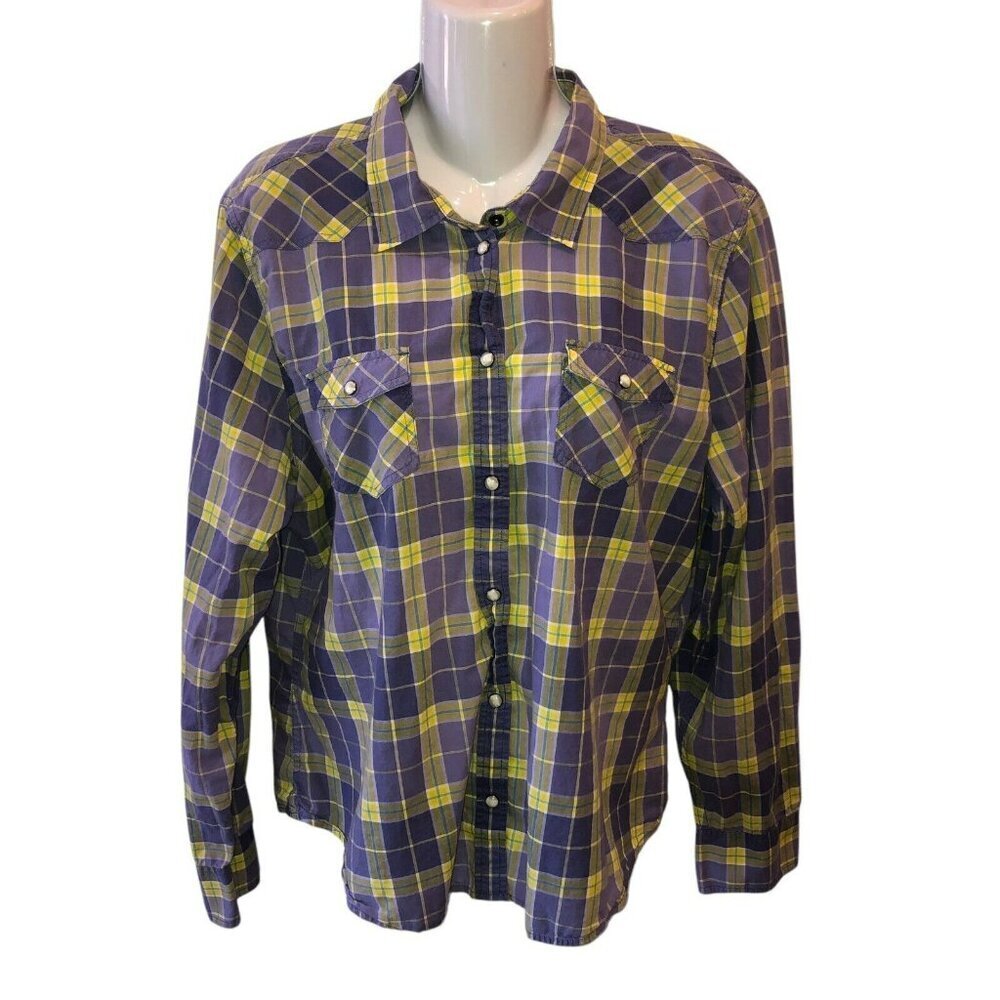 American Eagle Womens Size XXL Purple Plaid Long Sleeve Pearl Snap Shirt - Picture 2 of 9